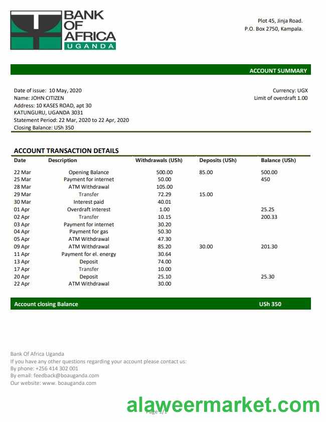 Uganda Bank of Africa proof of address bank statement template in Word and PDF format